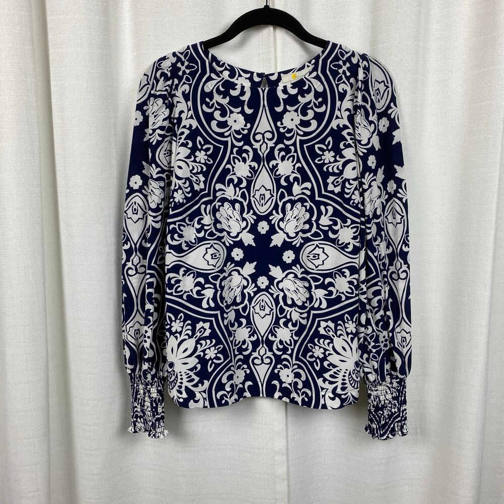 Boden Navy Blue Floral Paisley Long Sleeve Smocked Cuff Blouse Sz.6 NWT - Picture 5 of 16